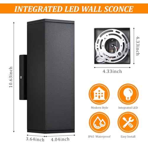 Dimmable Wall Lights Outdoor 2 Packs, Integrated LED Square Up Down 12W 2700K Modern Aluminum Light, Waterproof Exterior Lighing Fixtures for Porch Patio Garage Gardern