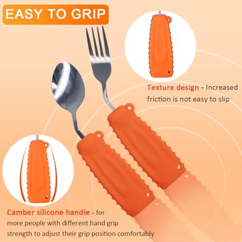 Adaptive Utensils,Curved Angled Spoon and Fork Set,for Tremors Parkinsons Limited or Elderly,Weight Cutlery with Non-Slip Easy Grip Handles