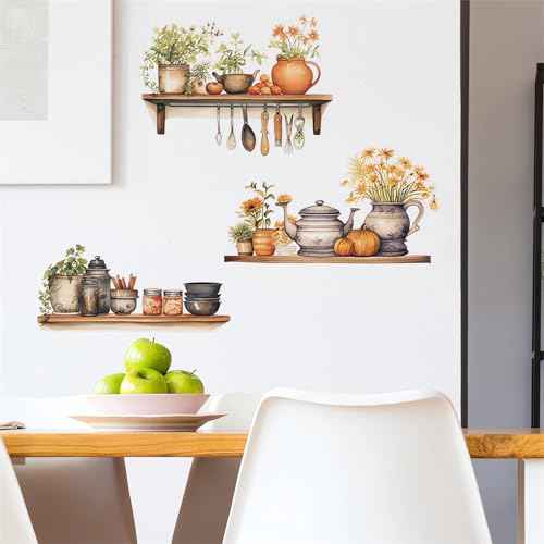 Green Plants Flowers Potted Wall Stickers, sacinora Kitchenware Utensil Painted Wall Decals Removable Vinyl Peel and Stick for Kitchen Dining Restaurant Baking Room Bar Art Decorations