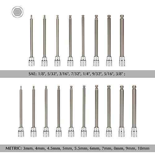 EMENTOL 18PCS 3/8" Drive Long Ball-End Hex Bit Socket Set, CR-V, S2 Steel, SAE/Metric, Extra Long Allen Bit Socket Set, 1/8 Inch - 3/8 Inch, 3mm - 10mm