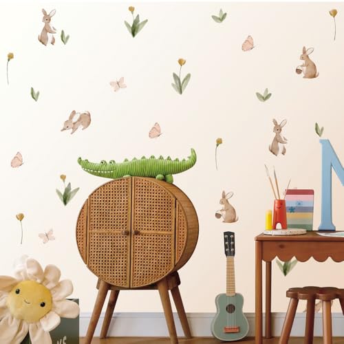 Summertime Watercolor Cute Bunnies and Flowers Nursery Wall Decal, Peel and Stick Reusable and Removable Kids Wall Stickers