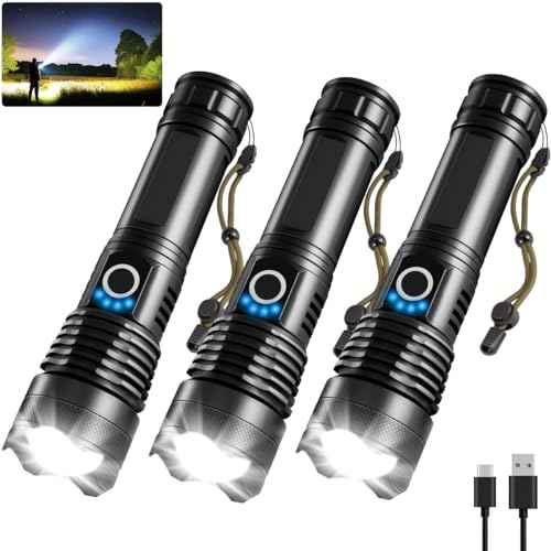 3Pack Rechargeable Flashlights High Lumens, Super Bright Flashlight, 5Modes LED Flashlight Rechargeable, Adjustable Tactical Flashlights High Powered, Flash Lights for Emergency Camping Home