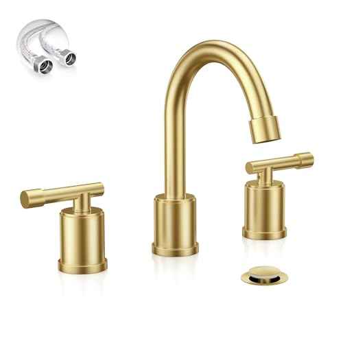 Phiestina Brushed Gold Widespread 8 Inch Bathroom Faucet£¬3 Holes 2 Handles Modern Bathroom Sink Faucet with Metal Pop-Up Drain & Water Supply Line,WFZY01-BG