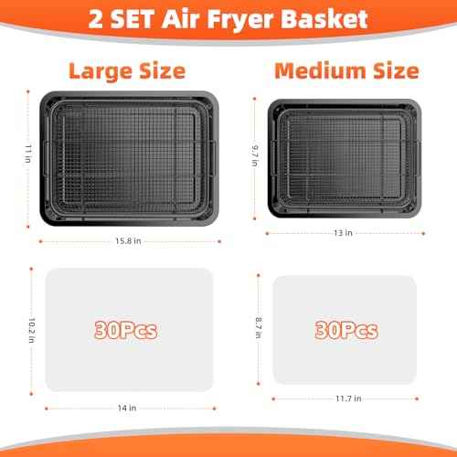 Air Fryer Basket, 2 Set Oven Air Fryer Basket and Tray with 60 PCS Parchment Papers, DEGOVIN Crisper Tray Non-stick Stainless Steel Air Fry Pans for Convection Oven(15.8" ¡¿ 11" & 13" ¡¿ 9.7"-Black)