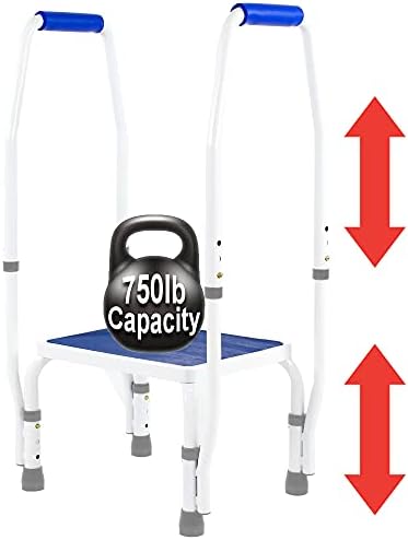 Platinum Health AdjustaStep(tm) Bariatric DoubleSafe Deluxe Step Stool/Footstool with Dual Handle/Handrail, Height Adjustable. Modern White/Blue Design. Padded Non-Slip Hand Grips