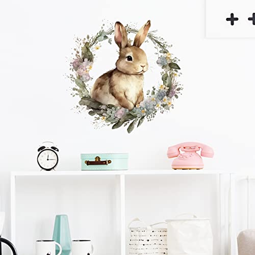 Cute Bunny in the Garland Wall Decal Nursery Rabbit Animal Easter Wall Sticker Removable Peel and Stick Wall Art Decor for Kids Baby Classroom Preschool Living Room Playing Room Bedroom School