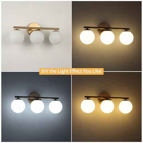 Globe Bathroom Light Fixtures 3-Light Brass Gold Vanity Light with Plastic Milk White Globe Shades 11.81 inch Wall Sconce Lighting Over Mirror, Vanity Lights for Bathroom Bedroom Hallway