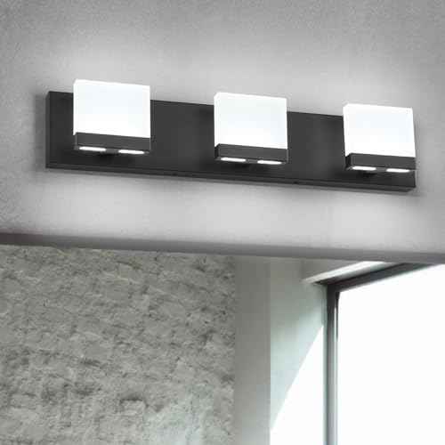 SineRise LED Modern Bathroom Vanity Light Fixtures (3-Light, 24-Inch,6000K), Matte Black Modern Acrylic Bathroom Wall Lighting Fixtures Over Mirror