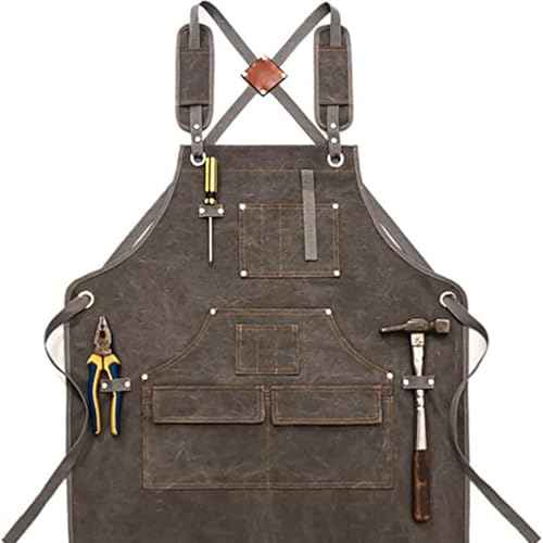 Apron with Pockets,Heavy?Duty Thick Canvas,Electrician & Gardening Tool Apron,Adjustable Cross?Back Straps,Unisex