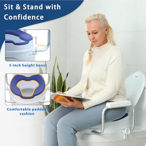 Raised Toilet Seat Risers for Seniors, Padded Elevated Toilet Seat with Handles, 5 Inch Height, Support to 300 LBS, White, Blue