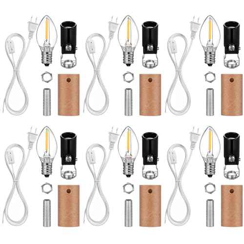 Honoson 6 Pack Small Christmas Tree Wiring Kit with LED Bulb, Ceramic Christmas Tree Replacement Lights, E12 Candelabra Base, Lamp Wiring Kit Nice for Desk Lamp Lighting and DIY Projects