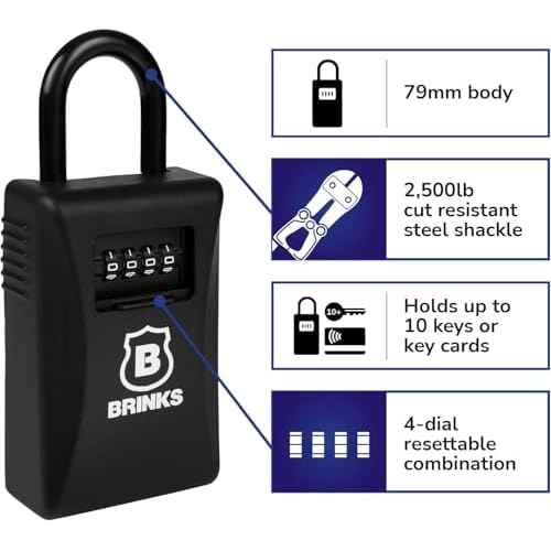 BRINKS - 79mm Outdoor Lock Box - for Indoor and Outdoor Use, Weather Resistant - 4-Dial Resettable Combination - Increased Security with Hardened Steel Shackle, Black (New Model, 1PK)