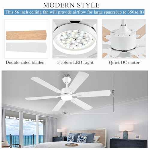 56inch Modern White Ceiling Fans with Lights and Remote/App Control, Dimmable LED, Reversible DC Motor, Noiseless, 6 Double-side Blade Low Profile Ceiling Fan for Livingroom Indoor/Outdoor Use