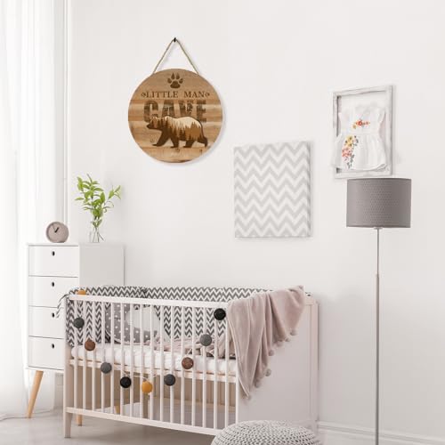 Wooden Little Man Cave Sign for Baby Boy Nursery Decor, Woodland Nursery Room Wall Decorations, Bear Wall Art Decor Rustic Farmhouse Kids Bedroom Hanging Decor (B)