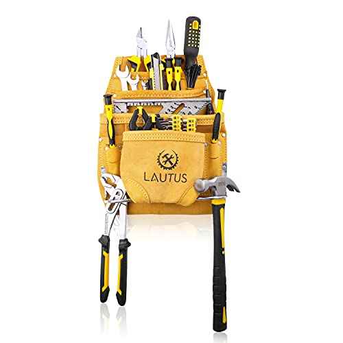 LAUTUS Nubuck Top Grain Leather Tool Pouch Bag | Carpenter, Construction, Framers, Handyman | 10 Pockets, 2 Hammer Holders | 100% Leather |