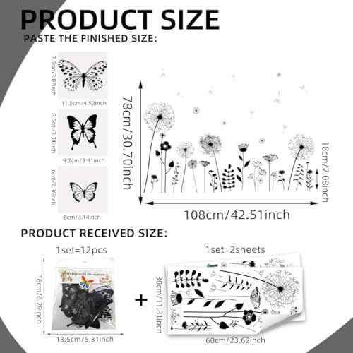 Joyartu Black Dandelion Wall Decals with 3D Black Butterflies ? Wall Stickers Peel and Stick Floral Butterflies Flying Decor for Bedroom Living Room Office Sofa Wall Decorz(2 Sheets)