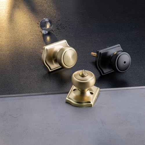 6 Pack Gold Door Knobs with Camelot Trim,Interior Door Knob with Lock,Coastal Privacy Door knob for Bath and Bedroom, Satin Brass