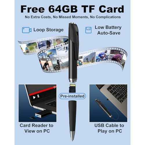 Hidden Camera, Spy Pen Camera with 64GB TF Card, 1080P HD Portable Body Cam with Video or Picture Taking, Loop Storage, Small Camera Pen for Business, Offices, Outdoor