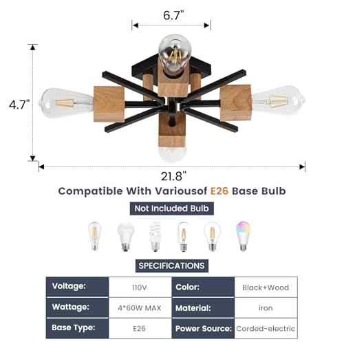 4 Light Sputnik Light Fixture Black Flush Mount Lights Industrial Ceiling Light Wood 22" Modern Farmhouse Ceiling Lights for Kitchen Bedroom Bathroom Foyer Hallway(E26)