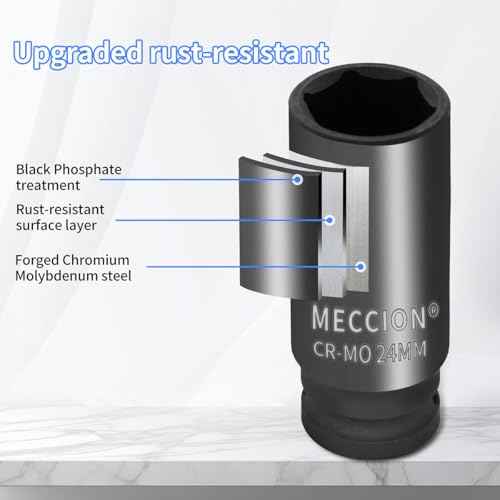 Meccion 1/2 Inch Drive Impact Socket 14mm Metric, 6 Point Cr-Mo Deep Impact Socket, 78mm Length