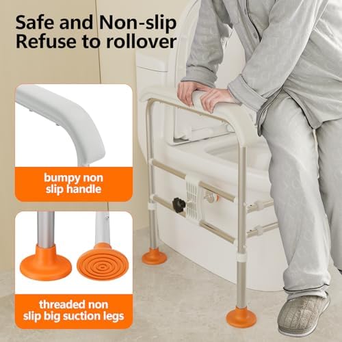 Heavy Duty Toilet Safety Rails for Seniors (665lbs), Adjustable LED Toilet Safety Frame with Handles for Elderly, Foldable Handicap Toilet Aid Support for Most Toilets, Stand Up Assist