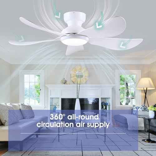 46 Inch Modern Ceiling Fans with Lights, Flush Mount Ceiling Fan with Light and Remote/APP Control, 5 Reversible 6 Speeds Curved Blades, 3 CCT Dimmable Lights for Bedroom, White