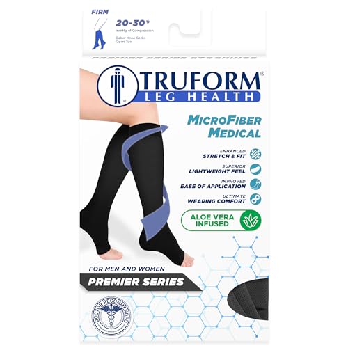 Truform 20-30 mmHg Medical Compression Stockings, Aloe Infused Microfiber, Knee High, Open Toe, Black, 3X-Large