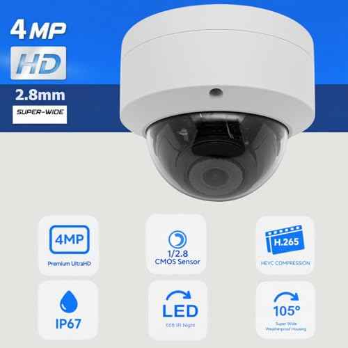 4MP PoE IP Vandal Dome Camera Outdoor/Indoor, IP Security Camera, 65ft Night Vision, IP66 Waterproof, 2.8mm Wide Angle Lens, 24/7 Recording, NDAA Complaint (Regular IR)