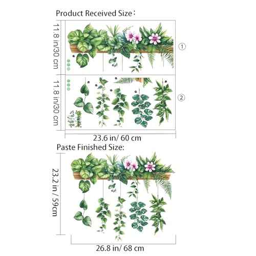 Green Plant Leaves Wall Stickers Decor Hanging Flower Vine Wall Decals Peel and Stick DIY Removable Tropical Nature Wall Art for Living Room Bedroom Kitchen Classroom Office