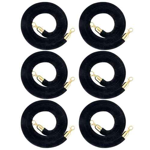 6 Pack Velvet Rope, 5 Feet Black Velvet Stanchion Rope with Gold Polished Hooks, Crowd Control Queue Line Barrier Rope Hanging Ropes for Hotels, Movie Theaters, Grand Openings, Carpet Event