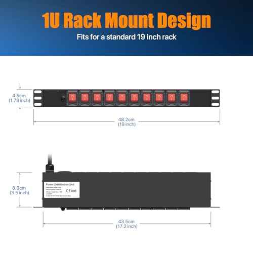 10 Outlet Rack Mount Power Strips with Individual Switch,1U Rack Mount PDU Power Strip for Network Server Racks - Surge Protection - 110V/15A - 6ft Power Cord
