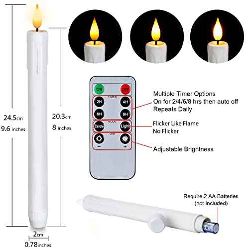 Homemory 24 Pcs Plastic Flameless Taper Candles with Remote Timer Dimmer, White Taper Candles Battery Operated with Flickering Flame Light Lifelike Led Candlesticks for Indoor Decoration 9.6 Inches