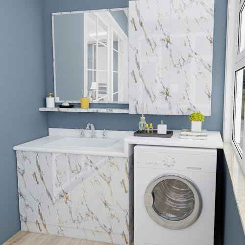 Yun-aeon Thick Marble Contact Paper for Countertops 15.7"x 78.7" - White and Gold Glossy Peel and Stick Wallpaper Self-Adhesive Removable Countertops for Kitchen Bathroom Cabinets