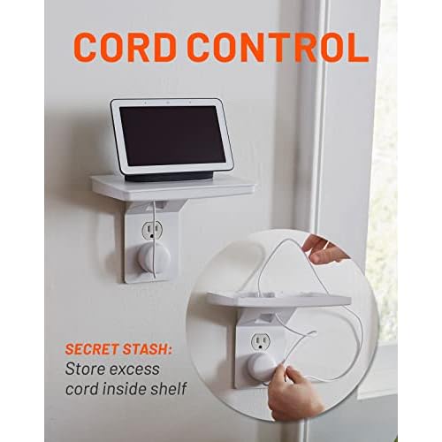 ECHOGEAR Wide Outlet Shelf - Next-Gen Design with Built-in Cord Storage & Room for Bulky Plugs - Works with Both Standard & Decora Outlets - Quick Install with Included Hardware