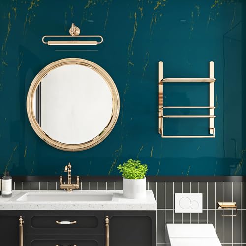 Livelynine Teal and Gold Contact Paper Marble Wallpaper Peel and Stick Countertops Waterproof Kitchen Vinyl Wrap Blue Desk Cover 15.8x78.8 Renter Friendly Counter Top Covers Heat Resistant Bathroom
