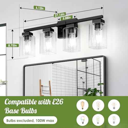 BesLowe 27" 4-Light Bathroom Light Fixture, Modern Black Bathroom Vanity Light, Bathroom Lighting Fixtures Over Mirror, Matte Black Wall Lamp, Wall Lights for Living Room Bedroom Hallway