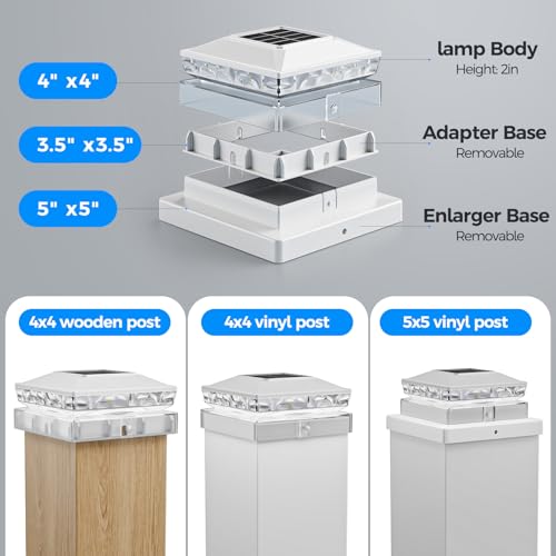 Solar Post Cap Lights, 6500K Cool White IP65 Waterproof Solar Powered Fence Light for 4x4 Wood Post & 5x5 Vinyl Fence, Deck Patio Garden Yard Outdoor Landscape Lighting, ABS Material