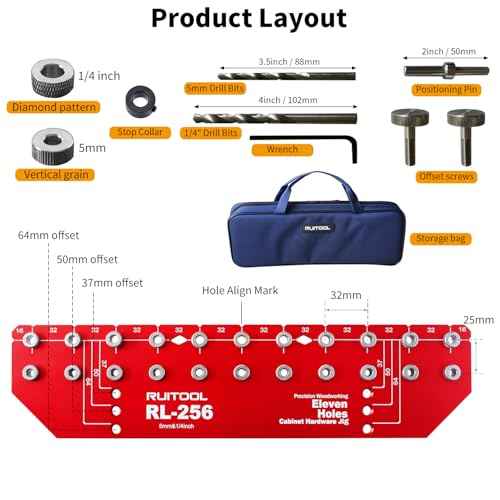RUITOOL Shelf Pin Jig 11 Holes, Self-contained Clamping Function All Metal Shelf Pin Drilling Jig with 1/4" and 5mm Drill Bit, Shelf Hole Jig and Cabinet Hardware Jig Tool Drill Guide with Storage Bag
