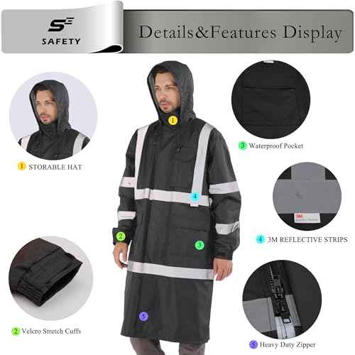 sesafety Safety Rain Coats for Men Work, Class 3 HighVisibility Rain Gear Construction, Reflective Hi Vis RainJacket Lightweight Waterproof