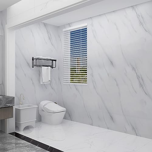 JSEVEM 16"¡¿118" Thick White and Grey Marble Wallpaper Peel Stick Waterproof White Gray Marble Contact Paper Vinyl Wrap Glossy Self Adhesive Granite Tile Sticker for Kitchen Cabinets Table Countertops