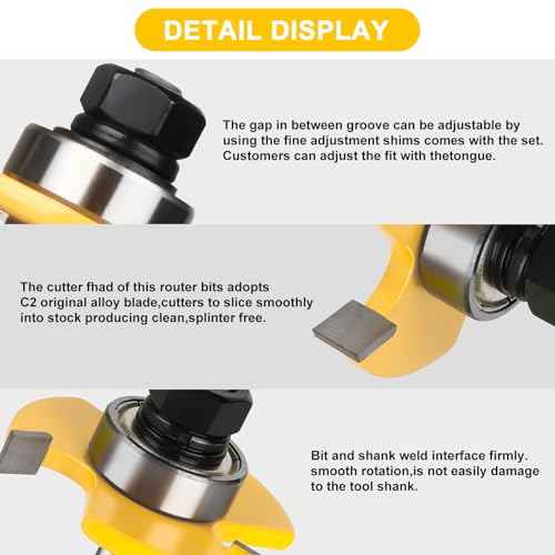 Tongue and Groove Router Bit Set 1/4 Inch Shank, UTRUSTTO 2 Pieces 1/4" Router Bits 3 Teeth Adjustable T Shape Wood Milling Cutter Woodworking Tool
