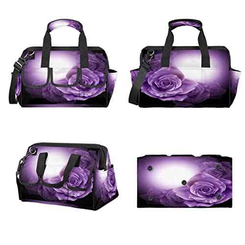 Purple Flowers Roses Tool Bag for Men Women Heavy Duty Multi-Pockets Wide Mouth Tool Tote Waterproof Tool Bag Organizer with Adjustable Shoulder Strap
