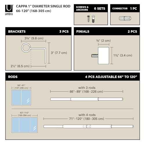 Umbra Cappa Modern 1" Curtain Rod, Includes 2 Matching Finials, Brackets & Hardware, Brass