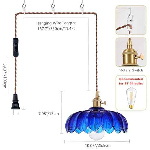Plug in Pendant Light: Hanging Light Plug in Fixture Bule Glass Hanging Lamp, Pendant Lighting for Kitchen Island, Bedroom, Dining Room, Living Room, E26 No Bulb