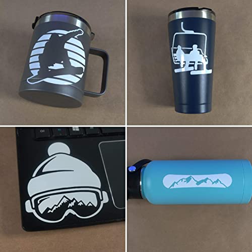 Snowboarding Decal 4 Pack: Snowboard Mountain, Goggles Beanie, Chairlift, Silhouette (Small ~3.5", White)