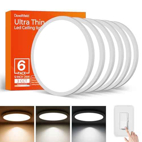 6Pack 12Inch LED Flush Mount Ceiling Light Fixture,24W 2400LM,Dimmable CCT 3000K/4000K/5000K,Round Flat Panel Light for Bedroom,0.7Inch Thin Modern Low Profile Ceiling Lights for Hallway,Porch