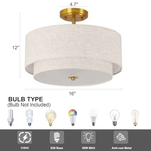 3-Light Semi Flush Mount Ceiling Light Fixture, 16" Gold Drum Light Fixture, Modern Close to Ceiling Light with 2-Laye Fabric Shade Lamps for Bedroom Living Dining Room Hallway Entryway Foyer