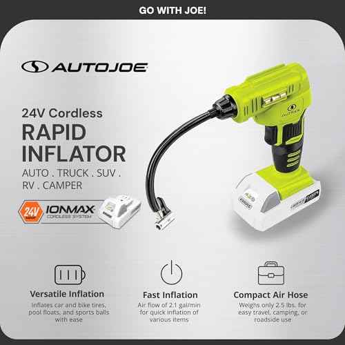 Auto Joe 24V-AJC-MAX Cordless Portable Air Compressor Kit | W/ 1.3-Ah Battery, Nozzle Accessories, and Storage Bag