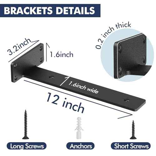 8 Pack Floating Shelf Brackets,12 Inch Heavy Duty Industrial Shelf Bracket, Black Metal L Brackets for Shelves Support DIY(1/5 Inch Thicked)