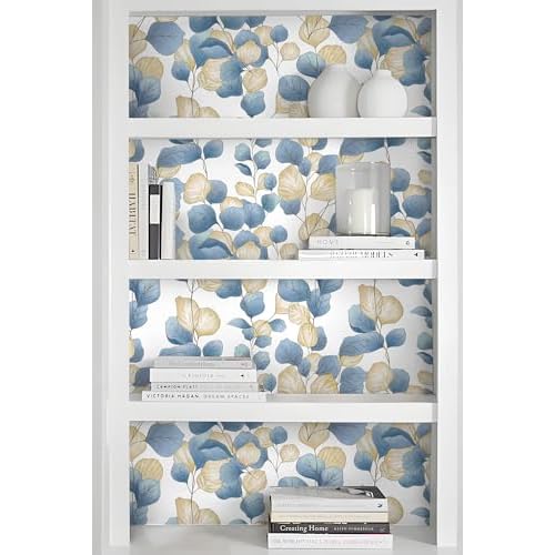 Vinjiasin Boho Peel and Stick Wallpaper Blue Leaf Contact Paper Modern Floral Wallpaper Self Adhesive Removable Wall Paper for Bathroom Bedroom Living Room Cabinet Countertop 17.3"x 78.7"